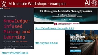 10
AI Institute Workshops - examples
http://kiml2020.aiisc.ai
http://cysoc.aiisc.ai
https://ai-nsf-symposium.github.io/
 