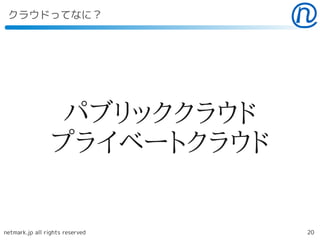 クラウドってなに？




                 パブリッククラウド
                プライベートクラウド


netmark.jp all rights reserved   20
 