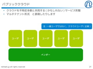 パブリッククラウド
  ●
      クラウドを不特定多数と共用する ( かもしれない ) サービス形態
  ●
      マルチテナント形式　と表現したりします



                                       注 : 一般ユーザではなく、クラウドユーザ ( 企業 )




             ユーザ                 ユーザ   ユーザ     ユーザ      ユーザ




                                       ベンダー




netmark.jp all rights reserved                                    21
 