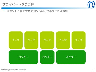 プライベートクラウド
  ●
      クラウドを特定少数で独り占めできるサービス形態




             ユーザ                 ユーザ   ユーザ    ユーザ   ユーザ




                     ベンダー              ベンダー     ベンダー




netmark.jp all rights reserved                            22
 