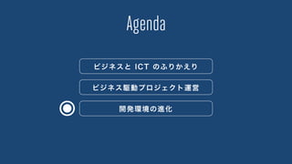 Agenda
ビジネスと ICT のふりかえり
ビジネス駆動プロジェクト運営
開発環境の進化
 