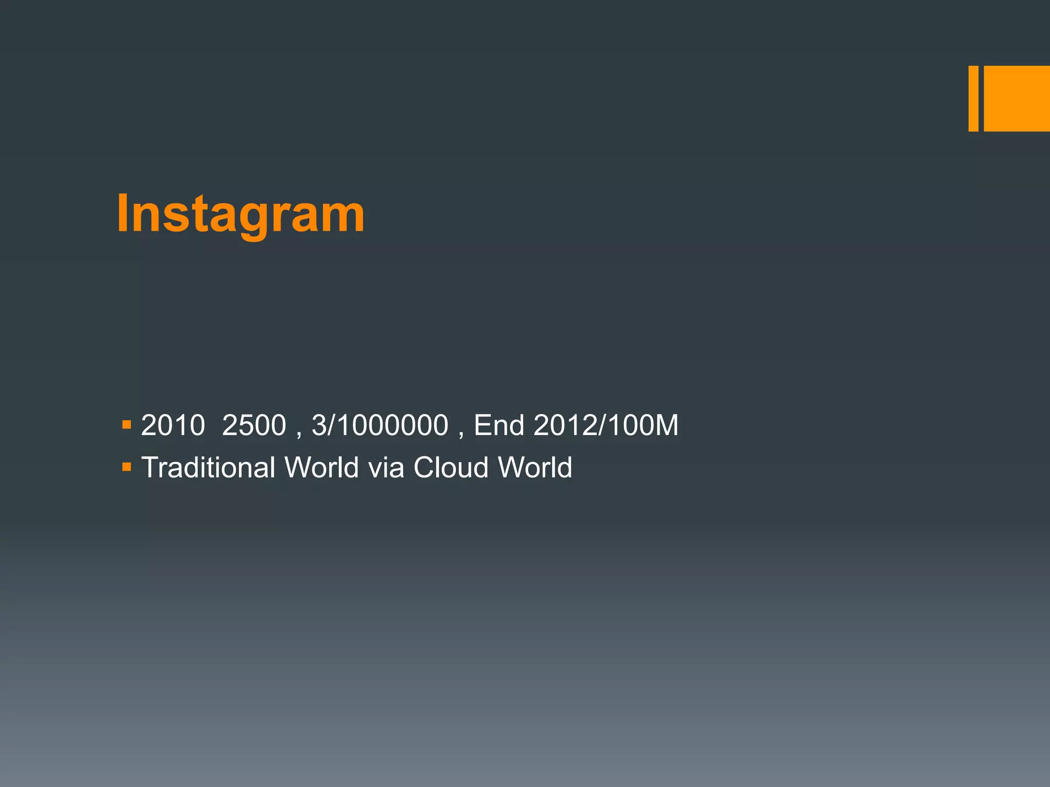 Instagram
§ 2010 2500 , 3/1000000 , End 2012/100M
§ Traditional World via Cloud World
 