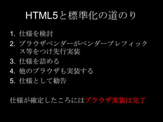 HTML5と標準化の道のり
1. 仕様を検討
2. ブラウザベンダーがベンダープレフィック
ス等をつけ先行実装
3. 仕様を詰める
4. 他のブラウザも実装する
5. 仕様として勧告

仕様が確定したころにはブラウザ実装は完了

 