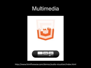 Multimedia

http://www.htmlfivewow.com/demos/audio-visualizer/index.html

 