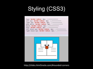 Styling (CSS3)

http://slides.html5rocks.com/#rounded-corners

 