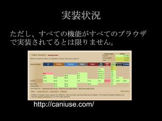 実装状況
ただし、すべての機能がすべてのブラウザ
で実装されてるとは限りません。

http://caniuse.com/

 