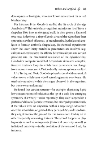 Robots and Artificial Life  115
developmental biologists, who now know more about the actual
biochemistry.
For instance, Brian Goodwin studied the life cycle of the alga
Acetabularia.14
This unicellular organism transforms itself from a
shapeless blob into an elongated stalk; it then grows a flattened
top; next, it develops a ring of knobs around the edge; these later
sprout into a whorl of laterals, or branches; finally, the laterals coa-
lesce to form an umbrella-shaped cap. Biochemical experiments
show that over thirty metabolic parameters are involved (e.g.
­calcium concentrations; the affinity between calcium and certain
proteins; and the mechanical resistance of the cytoskeleton).
Goodwin’s computer model of Acetabularia simulated complex,
iterative feedback loops in which these parameters can change
frommomenttomoment.Variousbodilymetamorphosesresulted.
Like Turing and Turk, Goodwin played around with numerical
values to see which ones would actually generate new forms. He
used only numbers within the ranges observed in the organism,
but these were randomized.
He found that certain patterns—for example, alternating high/
low concentrations of calcium at the tip of a stalk (the emerging
symmetry of a whorl)—arose repeatedly. They didn’t depend on a
particular choice of parameter values, but emerged spontaneously
if the values were set anywhere within a large range. Moreover,
once the whorls had originated, they persisted. So, said Goodwin,
they might become the ground for transformations leading on to
other frequently occurring features. This could happen in phy-
logenesis as well as ontogenesis (historical creativity as well as
individual creativity)—in the evolution of the tetrapod limb, for
instance.
 