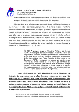 PARTIDO DEMOCRÁTICO TRABALHISTA
PDT – DIRETÓRIO NACIONAL
Consultoria Jurídica Nacional
SAFS – Qd. 02 – Lt. 03 - Atrás Anexo Itamaraty - Plano Piloto - Brasília - DF – Cep. 70.042-900
(61) 3224.0791 –fax(61)3322.7198 -home-page www.pdt.org.br -e-mail secretarianacional@pdt.org.br
b) Legitimidade passiva
A expressão “responsabilidade” comporta sentido polissêmico. Para Roger Pirson e
Albert de Villé, o conceito de responsabilidade orbita sob o prisma de sua
correspondência com uma obrigação imposta pelas normas, visando a que as pessoas
respondam pelas consequências prejudiciais de suas ações ou omissões. 5
É indubitável que são diversos os atores que atuam no processo eleitoral, com a
finalidade de garantir a vitória de seu candidato. Essa multiplicidade de atores e de
comportamentos é motivo suficiente para que a responsabilidade eleitoral não recaia
apenas sobre os candidatos. É muito comum que cabos eleitorais, militantes de
partidos políticos, simpatizantes e familiares pratiquem atos em conluio com os
candidatos, devido aos mais variados interesses.
O posicionamento dominante acerca da responsabilidade do beneficiário não
consiste na perquirição do elemento subjetivo do candidato, mas no nexo de
causalidade,6 logo, como forma de neutralizar escapes de responsabilidade, cabe
especial atenção aos casos em que a conduta é notoriamente conhecida e o resultado
é extremamente benéfico ao candidato. Afinal, tomaria tais eventos um caráter de
ciência indireta do beneficiário.
5 PIRSON, Roger; DE VILLÉ, Albert. Traité de la Responsabilité Civile Extracontractuelle.
Bruxelles: E. Bruylant, 1935, t. 1, p. 5.
6
[...] 1. A grave sanção do art. 41-A da Lei nº 9.504/1997 exige a presença de provas lícitas e
seguras que indiquem todos os requisitos previstos nessa norma, sendo que a ausência de
qualquer deles deve, obrigatoriamente, levar à improcedência do pedido. 2. Na espécie, o
autor da ação não se desincumbiu de demonstrar o especial fim de agir, consubstanciado no
condicionamento da entrega do benefício à obtenção do voto, bem como a ciência, ou ao
menos a anuência, dos representados da ocorrência da prática de captação ilícita de sufrágio
realizada por interposta pessoa [...]. (BRASIL. Tribunal Superior Eleitoral. Recurso Especial
Eleitoral nº 41863 – Rondon do Pará/PR. Relator: Min. Gilmar Ferreira Mendes. Julg.:
16/08/2016. DJE: 23/09/2016.)
 