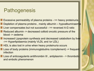 Pathogenesis
Excessive permeability of plasma proteins - >> heavy proteinuria
Depletion of plasma proteins , mainly albumin – hypoalbuminaemia
Liver compensates but not successful - >> reversed A:G ratio
Reduced albumin -> decreased colloid oncotic pressure of the
blood -> oedema
Increased Lipoprotein synthesis and decreased catabolism by liver
->> Hyperlipidaemia (mainly VLDL and /or LDL)
HDL is also lost in urine when heavy proteinuria occurs
Loss of body proteins (immunoglobulins /complement) -> frequent
infection
Loss of anticoagulants antithrombin III , antiplasmin - > thrombotic
and embolic phenomenon
 