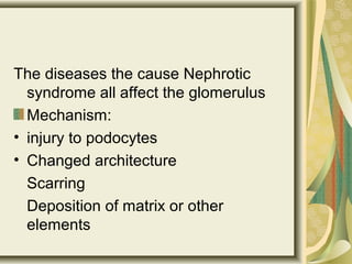 The diseases the cause Nephrotic
syndrome all affect the glomerulus
Mechanism:
• injury to podocytes
• Changed architecture
Scarring
Deposition of matrix or other
elements
 
