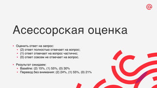 Асессорская оценка
• Оценить ответ на запрос:
• (2) ответ полностью отвечает на вопрос;
• (1) ответ отвечает на вопрос частично;
• (0) ответ совсем не отвечает на вопрос.
• Результат ожидаем:
• Baseline: (2) 15%, (1) 55%, (0) 30%
• Перевод без внимания: (2) 24%, (1) 55%, (0) 21%
 