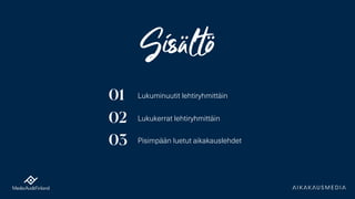 Sisältö
01
02
03
Lukuminuutit lehtiryhmittäin
Lukukerrat lehtiryhmittäin
Pisimpään luetut aikakauslehdet
 