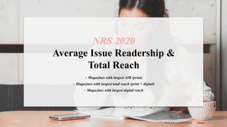 NRS 2020
Average Issue Readership &
Total Reach
● Magazines with largest AIR (print)
● Magazines with largest total reach (print + digital)
● Magazines with largest digital reach
 