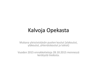 Kalvoja Opekasta
Mukana yleissivistävän puolen koulut (alakoulut,
yläkoulut, yhtenäiskoulut ja lukiot)
Vuoden 2015 ennakkotietoja 28.10.2015 mennessä
kerätystä tiedosta.
 