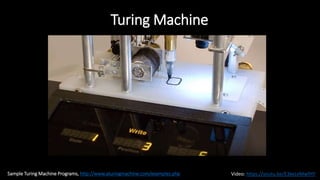 Turing Machine
Video: https://youtu.be/E3keLeMwfHYSample Turing Machine Programs, http://www.aturingmachine.com/examples.php
 