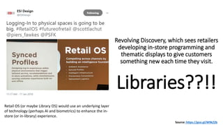 Revolving Discovery, which sees retailers
developing in-store programming and
thematic displays to give customers
something new each time they visit.
Libraries??!!
Source: https://goo.gl/W9kZ2b
Retail OS (or maybe Library OS) would use an underlying layer
of technology (perhaps AI and biometrics) to enhance the in-
store (or in-library) experience.
 