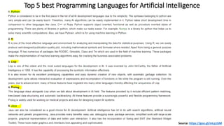 Top 5 best Programming Languages for Artificial Intelligence
Source: https://goo.gl/mLq1GM
 