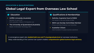 EDUCATION & QUALIFICATIONS
Global Legal Expert from Overseas Law School
 Education  Quali cations & Memberships
A convergence expert who studied both Law and IT at postgraduate level at overseas institutions.
Deep understanding of the common law system enables comprehensive global business legal advisory.
Grif th University (Australia)
Bachelor of Laws LLB
Early graduation, Master of Immigration Law
■
The University of Queensland (Australia)
Master of Information Technology MIT
■
Solicitor, Supreme Court of NSW
Full member of the Law Society of NSW
■
NSW Law Society Committee Member
Privacy and Data Protection Law Committee
■
Australian Citizen
Solid foundation for global business operations
■
 