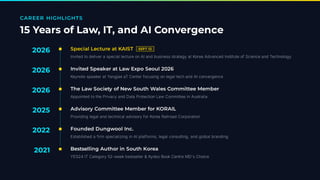 CAREER HIGHLIGHTS
15 Years of Law, IT, and AI Convergence
2026
2026
2026
2025
2022
2021
Special Lecture at KAIST SEPT 12
Invited to deliver a special lecture on AI and business strategy at Korea Advanced Institute of Science and Technology
Invited Speaker at Law Expo Seoul 2026
Keynote speaker at Yangjae aT Center focusing on legal tech and AI convergence
The Law Society of New South Wales Committee Member
Appointed to the Privacy and Data Protection Law Committee in Australia
Advisory Committee Member for KORAIL
Providing legal and technical advisory for Korea Railroad Corporation
Founded Dungwool Inc.
Established a firm specializing in AI platforms, legal consulting, and global branding
Bestselling Author in South Korea
YES24 IT Category 52-week bestseller & Kyobo Book Centre MD's Choice
 