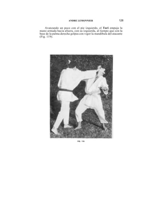 ANDRE LEMONNIER                          128

    Avanzando un poco con el pie izquierdo, el Tori empuja la
mano armada hacia afuera, con su izquierda, al tiempo que con la
base de la palma derecha golpea con vigor la mandíbula del atacante
(Fig. 119).




                              FIG. 119
 