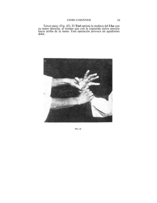 ANDRE LEMONNIER                          54

    Tercer paso: (Fig. 42). El Tori aprieta la muñeca del Uke con
su mano derecha, al tiempo que con la izquierda ejerce presión
hacia arriba de la mano. Esta operación provoca un agudísimo
dolor.




                             FIG. 42
 
