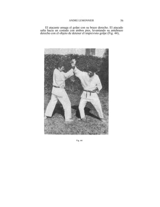 ANDRE LEMONNIER                         56

     El atacante amaga el golpe con su brazo derecho. El atacado
salta hacia un costado con ambos pies, levantando su antebrazo
derecho con el objeto de detener el imprevisto golpe (Fig. 44),




                           Fig. 44
 