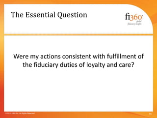 The Essential Question
Were my actions consistent with fulfillment of
the fiduciary duties of loyalty and care?
14© 2013 fi360 Inc. All Rights Reserved
 
