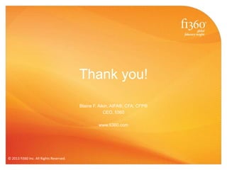 Thank you!
Blaine F. Aikin, AIFA®, CFA, CFP®
CEO, fi360
www.fi360.com
© 2013 fi360 Inc. All Rights Reserved.
 