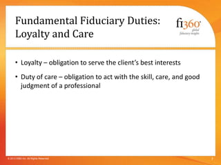 Duties Associated with the
Fiduciary Standard
Fiduciary
Standard
Duty of
Loyalty
Avoid /
Manage
Conflicts
Disclosure Proxy...