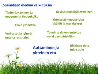 Tiedon jakaminen ja
nopeutunut tiedonkulku
Toiminta dokumentoituu
verkkoympäristöihin
Sosiaalisen median vaikutuksia
Verkostot ja ryhmät
uutena resurssina
Avoin yhteistyö
Keskustelun lisääntyminen
Yhteisesti muodostetut
sisällöt ja merkitykset
Auttaminen ja
yhteinen etu
Hiljainen tieto
tulee esiin
 