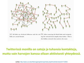 Twitterissä monilla on satoja ja tuhansia kontakteja,
mutta vain harvojen kanssa ollaan aktiivisesti yhteydessä.
Lähde: http://www.uic.edu/htbin/cgiwrap/bin/ojs/index.php/fm/article/view/2317/2063
 