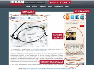 Lähde: http://www.briansolis.com/2011/12/the-state-of-social-marketing-2011-2012/
JAETTAVUUS SEURAAMINEN
HENKILÖ-
BRÄNDI
VERKOSTOT/KANAVAT
BLOGI = TIETOVIRTA
 