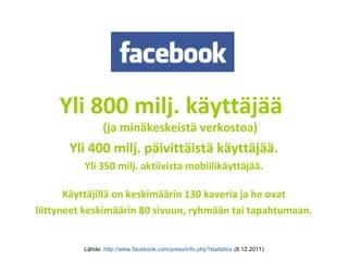 Yli 800 milj. käyttäjää
(ja minäkeskeistä verkostoa)
Yli 400 milj. päivittäistä käyttäjää.
Yli 350 milj. aktiivista mobiilikäyttäjää.
Käyttäjillä on keskimäärin 130 kaveria ja he ovat
liittyneet keskimäärin 80 sivuun, ryhmään tai tapahtumaan.
Lähde: http://www.facebook.com/press/info.php?statistics (8.12.2011)
 