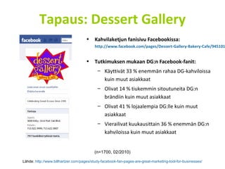Tapaus: Dessert Gallery
• Kahvilaketjun fanisivu Facebookissa:
http://www.facebook.com/pages/Dessert-Gallery-Bakery-Cafe/945101
• Tutkimuksen mukaan DG:n Facebook-fanit:
– Käyttivät 33 % enemmän rahaa DG-kahviloissa
kuin muut asiakkaat
– Olivat 14 % tiukemmin sitoutuneita DG:n
brändiin kuin muut asiakkaat
– Olivat 41 % lojaalempia DG:lle kuin muut
asiakkaat
– Vierailivat kuukausittain 36 % enemmän DG:n
kahviloissa kuin muut asiakkaat
Lähde: http://www.billhartzer.com/pages/study-facebook-fan-pages-are-great-marketing-tool-for-businesses/
(n=1700, 02/2010)
 