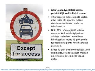 • Joka toinen työntekijä kaipaa
pelisääntöjä verkkokirjoitteluun.
• 72 prosenttia työntekijöistä kertoi,
ettei heille ole annettu mitään
ohjeita sosiaalisessa mediassa
toimimisesta.
• Noin 20% työntekijöistä katsoo
voivansa keskustella työpaikan
asioista sosiaalisessa mediassa
kriittisestikin, mutta 73 prosenttia
työntekijöistä pohtii miten sanansa
asettelee.
• Lähes 40 prosenttia työntekijöistä oli
sitä mieltä, että sosiaalisen median
ohjeistus voi päteä myös vapaa-
ajalla.
Lähde:
http://www.hillandknowlton.fi/nc/ajankohtaista/news-single/article/tyoentekijaet-kaipaavat-pelisaeaentoejae-verkkokirjoitteluun/?tx_ttnew
 