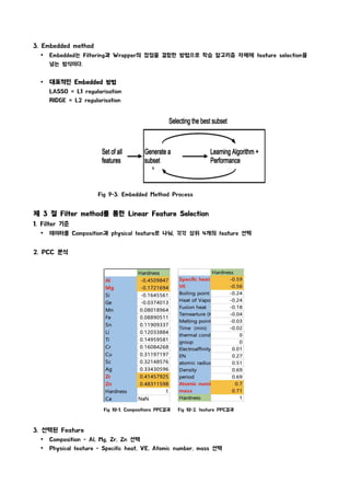 3. Embedded method
Ÿ Embedded는 Filtering과 Wrapper의 장점을 결함한 방법으로 학습 알고리즘 자체에 feature selection을
넣는 방식이다.
Ÿ 대표적인 Embedded 방법
LASSO = L1 regularisation
RIDGE = L2 regularisation
Fig 9-3. Embedded Method Process
제 3 절 Filter method를 통한 Linear Feature Selection
1. Filter 기준
Ÿ 데이터를 Composition과 physical feature로 나눠, 각각 상위 4개의 feature 선택
2. PCC 분석
Fig 10-1. Compositions PPC결과 Fig 10-2. feature PPC결과
3. 선택된 Feature
Ÿ Composition - Al, Mg, Zr, Zn 선택
Ÿ Physical feature - Specific heat, VE, Atomic number, mass 선택
 
