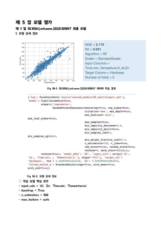 Fig 18-1. 10.1016/j.mtcomm.2020.101897 데이터 학습 결과
제 5 장 모델 평가
제 1 절 10.1016/j.mtcomm.2020.101897 최종 모델
1. 모델 상세 정보
Fig 18-2. 모델 상세 정보
○ 학습 모델 핵심 요약
- input_cols = 'Al', 'Zn', 'Time.min', 'Temearture.k.'
- boostrap = True
- n_estimators = 100
- max_feature = auto
 