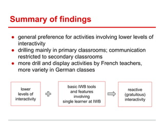 Summary of findings
● general preference for activities involving lower levels of
interactivity
● drilling mainly in primary classrooms; communication
restricted to secondary classrooms
● more drill and display activities by French teachers,
more variety in German classes
lower
levels of
interactivity
basic IWB tools
and features
involving
single learner at IWB
reactive
(gratuitous)
interactivity
 