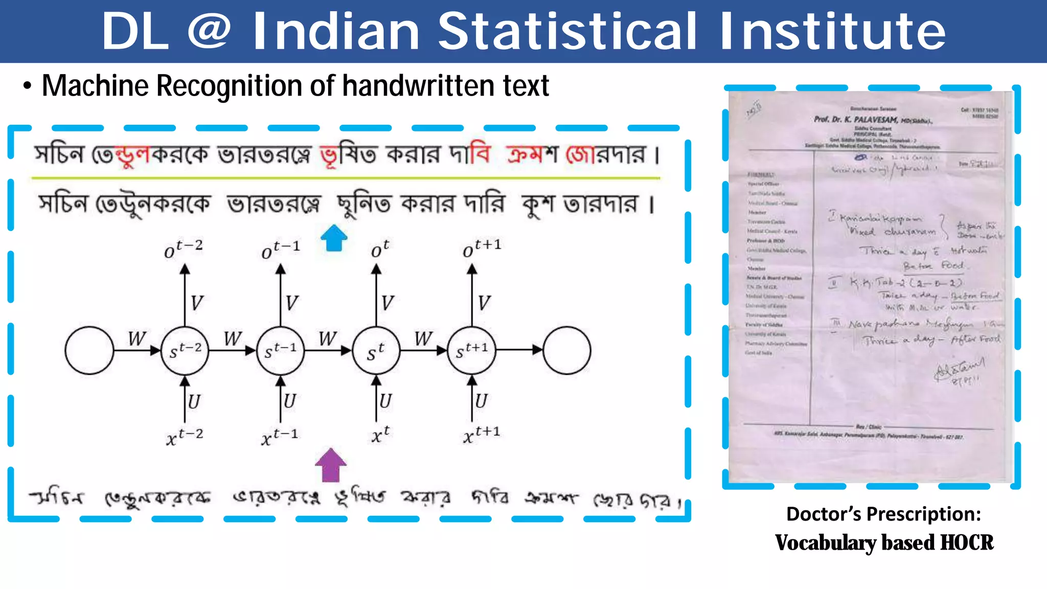 DL @ Indian Statistical Institute
• Machine Recognition of handwritten text
Doctor’s Prescription:
Vocabulary based HOCR
 
