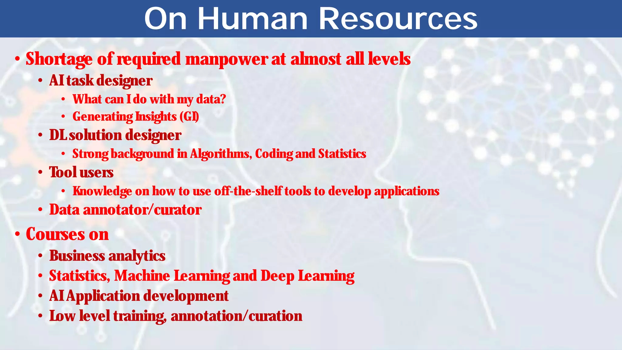 On Human Resources
• Shortage of required manpower at almost all levels
• AI task designer
• What can I do with my data?
• Generating Insights (GI)
• DL solution designer
• Strong background in Algorithms, Coding and Statistics
• Tool users
• Knowledge on how to use off-the-shelf tools to develop applications
• Data annotator/curator
• Courses on
• Business analytics
• Statistics, Machine Learning and Deep Learning
• AI Application development
• Low level training, annotation/curation
 