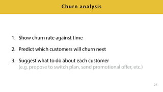 “3. Suggest what to do about each customer” 
→ prioritised list of actions, based on…
• Customer representation
• Churn prediction
• Prediction confidence
• Revenue brought by customer
• Constraints on frequency of solicitations
24
Churn prevention
 