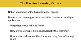 The   Machine   Learning   Canvas   (v0.4)                 Designed   for:                                                                                                                                            Designed   by:                                                                                                                                         Date:                                                                                         Iteration:                         . 
Decisions 
How   are   predictions   used   to 
make   decisions   that   provide 
the   proposed   value   to   the   end­user? 
 
ML   task 
Input,   output   to   predict, 
type   of   problem. 
 
Value 
Propositions 
What   are   we   trying   to   do   for   the 
end­user(s)   of   the   predictive   system? 
What   objectives   are   we   serving? 
Data   Sources 
Which   raw   data   sources   can 
we   use   (internal   and 
external)? 
Collecting   Data 
How   do   we   get   new   data   to 
learn   from   (inputs   and 
outputs)? 
Making 
Predictions 
When   do   we   make   predictions   on   new 
inputs?   How   long   do   we   have   to 
featurize   a   new   input   and   make   a 
prediction? 
Offline 
Evaluation 
Methods   and   metrics   to   evaluate   the 
system   before   deployment. 
 
Features 
Input   representations 
extracted   from   raw   data 
sources. 
Building   Models 
When   do   we   create/update 
models   with   new   training 
data?   How   long   do   we   have   to 
featurize   training   inputs   and   create   a 
model? 
 
Live   Evaluation   and 
Monitoring 
Methods   and   metrics   to   evaluate   the 
system   after   deployment,   and   to 
quantify   value   creation.  
     
machinelearningcanvas.com    by   Louis   Dorard,   Ph.D.                                         Licensed   under   a   Creative   Commons   Attribution­ShareAlike   4.0   International   License.  
LEARNPREDICT
EVALUATE
GOAL
(what, why, who)
how how
how well
 