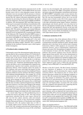 ONCOLOGY LETTERS 20: 1489-1503, 2020 1495
AIL also significantly reduced the expression levels of AR
proteins in LNCaP, 22RV1, LNCaP‑MDV3100‑R and VCaP
prostate cancer cells in a dose‑dependent manner, and these
reductions were not associated with the presence or absence
of androgen stimulation (48). An immunoprecipitation assay
showed that AIL induced AR protein degradation and ubiq-
uitination by preventing the interaction between AR and its
molecular chaperones, heat shock protein HSP90 and HSP70;
in addition, AIL downregulated AKT and CDK4 expression,
which may be associated with inhibition of proliferation (48).
In the absence of a ligand, the AR resides in the cytosol
bound to a complex of HS, chaperone and co‑chaperone
proteins (90). This protein complex is also termed foldosome
and component proteins, including HSP90, HSP70 and p23, in
which p23 serves an important role in maintaining the stability
of the foldosome (90). Using the ProteOn XPR36 system, it
was demonstrated that AIL could bind to p23 and inhibit its
interaction with HSP90 in the foldosome, thus destabilizing
the complex (90). In summary, targeting p23 is the main
mechanism by which AIL induces the degradation of AR, and
destabilizes the folding complex. Therefore, AIL is a potential
candidate for the treatment of prostate cancer, which requires
further investigation.
4. Preclinical safety evaluation of AIL
Unfortunately, most of the aforementioned studies did not eval-
uate the effect of AIL on normal cell lines (27,37‑40,43,46,47).
Only a few studies have evaluated the cytotoxicity of AIL in
normal cells or the toxicity and the side effects in animal
models (42,44,45,48). Gao et al (45) and He et al (48) have
reported that cancer cells are more sensitive to AIL compared
with normal cells. Traditional chemotherapeutic drugs have
various side effects, such as myelosuppression, hepatotoxicity,
nephrotoxicity, digestive tract reaction, neurotoxicity and
pulmonary fibrosis, which markedly reduce the quality of
life of patients with cancer and hinder the progress of treat-
ment (91). Antitumor drugs extracted from traditional Chinese
medicine exhibit less toxicity and fewer side effects compared
with traditional chemotherapeutics. For example, Ni et al (42)
demonstrated that AIL significantly inhibited NSCLC cell
proliferation in vitro and tumor growth in vivo with low
toxicity, and no damage was observed in the liver and kidney
of SCID‑Bg mice following AIL treatment. He et al (48) found
that AIL does not induce significant hepatotoxicity in BALB/c
nude mice; however, it can cause some damage to the stomach.
To evaluate the in vivo cytotoxic effects of AIL, Zhuo et al (44)
observed hematoxylin and eosin‑stained sections from the
heart, lung, liver, kidney and spleen and revealed no notable
morphological changes were found in the AIL‑treated animals.
In a recent study, Tang et al (92) used Kunming mice to
evaluate the toxicity and safety of AIL. The acute toxicity
experiments indicated that the main organs affected by
AIL were the liver, spleen, intestine, colon and stomach.
According to the toxicity of the classification standard,
Globally Harmonized System of Classification and Labeling
of Chemicals (93), the median lethal dose of AIL is
27.3 mg/kg, which is level 2 (severe). The primary causes of
death from AIL included gastrointestinal hemorrhage and
liver steatosis (92). In addition, the toxicity of AIL in the blood
system was also investigated; AIL significantly reduced the
numbers of red blood cells (RBC), hemoglobin, hematocrit
and mean corpuscular hemoglobin concentration and increase
the MCN, RDWCV and platelet counts in mice; however, this
process was reversed following drug withdrawal, indicating
that AIL may have hematologic toxicity, but it was not the
primary cause of death in mice (92). In the autopsy report,
in addition to gastrointestinal hemorrhage and liver steatosis
in the high concentration group, hepatic steatosis, cholestasis,
splenomegaly and chronic gastritis were also observed in
the low concentration treatment group. In addition, the study
showed that AIL had reproductive toxicity, as the testis and
epididymis of male mice had marked atrophy and pathological
damage, while ovarian follicle development was hindered,
with corpus luteum necrosis in female mice (92).
5. Antitumor mechanism of AIL
Effects on apoptosis. One of the antitumor effects of AIL is
the activation of the apoptosis pathway. Apoptosis is a form
of programmed cell death regulated by genes, through which
abnormal cells in the body can be removed and to maintain
homeostasis. Defects within apoptosis are associated with
numerous diseases, such as autoimmunity, degenerative
diseases and cancer (94). Dysregulation of apoptosis may lead
to the formation of tumor cells (95). Therefore, molecular
pathways that promote apoptosis have become effective
targets against tumor growth. AIL has been demonstrated to
induce apoptosis in numerous types of cancer cells via the
intrinsic and extrinsic pathways by regulating multiple molec-
ular targets (37,43), including the caspase and Bcl‑2 family
proteins (43), transcription factors (such as β‑catenin) (45),
tumor suppressor genes (such as TP53) (45) and signaling
pathways, such as PI3K/AKT (37) and JAK/STAT3 (41).
Members of the Bcl‑2 family. The Bcl‑2 family of proteins
are key regulators of apoptosis via the mitochondrial
apoptosis pathway and by promoting the caspase cascade
activation (96,97). The balanced ratio of various Bcl‑2
proteins determines whether the cell undergoes apoptosis or
survives (98). AIL treatment downregulates Bcl‑2 and upregu-
lates Bax proteins in melanoma (37), gastric cancer (43),
breast cancer (27) and osteosarcoma (47) cells. Mitochondrial
membrane potential changes have been observed in mela-
noma (37) and hepatocellular carcinoma (44) cells treated
with AIL compared with untreated cells, suggesting that the
mitochondrial apoptosis pathway is involved.
TP53. The tumor suppressor protein p53, encoded by the TP53
gene in humans, serves an important role in preventing cancer
development (99). TP53 is the most frequently mutated gene in
human cancer (100). p53 can also promote apoptosis, relying
on the induction of pro‑apoptotic Bcl‑2 proteins (99). In addi-
tion, p53 is an important mutual regulator of AMPK (101). AIL
notably upregulated p53 protein levels in MDA‑MB‑231breast
cancer cells, which promoted apoptosis (45).
Effects on signaling pathways
PI3K/AKT/mTOR signaling pathway. The PI3K/AKT/mTOR
signaling pathway is one of the most important intracellular
 