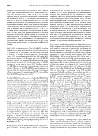 DING et al: APPLICATION OF AILANTHONE IN HUMAN CANCER
1496
pathways that is frequently activated in a wide range of
cancer types, including melanoma (102), breast cancer (103),
lung and colorectal cancer (104). The PI3K/AKT/mTOR
signaling pathway regulates cell proliferation, differentiation
and metabolism, leading to anti‑apoptosis and cancer cell
survival. In addition, activation of the PI3K/AKT/mTOR
pathway is also associated with tumor pathogenesis (including
breast cancer, melanoma, gastric, lung, pancreatic and thyroid
cancer and acute myeloid leukemia) and drug resistance,
such as etoposide, DOX, cytarabine (105‑107). PI3K, AKT
or mTOR kinase inhibitors are already in clinical develop-
ment (102,104). It has been demonstrated that AIL treatment
suppresses the PI3K/AKT/mTOR pathway by decreasing the
phosphorylation of PI3K and AKT, thus inducing apoptosis. In
melanoma (37), acute myeloid leukemia (38), lung cancer (41),
liver cancer (44), VS (46) and osteosarcoma (47), AIL exerts
its antitumor activity mainly by inhibiting the PI3K/AKT
pathway.
JAK/STAT3 signaling pathway. The JAK/STAT3 signaling
pathway serves a key role in cell survival and apoptosis; it
is activated and its components are abnormally expressed
in a variety of tumors, including leukemia (108), prostate
cancer (109), renal cell carcinoma (110), lung (111), colon (112)
and pancreatic cancer (113). In recent years, the JAK/STAT3
signaling pathway has been considered as a potential target
for antitumor therapy (114). The phosphorylation of STAT3
increased in various types of cancer (109); therefore, analysis
of p‑STAT3 protein expression levels can be used to determine
whether AIL acts on the JAK/STAT3 signaling pathway. A
previous study has demonstrated that AIL exerts its antitumor
effects on lung cancer by upregulating miR‑195, which inhibits
the JAK/STAT3 signaling pathway (41).
Ras/Raf/MEK/ERKsignalingpathway.TheRas/Raf/MEK/ERK
signaling pathway also serves a pivotal role in tumor cell
survival. Activation of the Ras protein is observed in ~30% of
human cancer types, including pancreatic, lung, endometrium,
ovary, prostate, stomach, liver and breast cancer (115). ERK
promotes survival, metastasis and cell proliferation, primarily
by activating the epidermal growth factor receptor and Ras
small guanosine triphosphatases; p‑ERK translocates into the
nucleus and regulates various transcription factors, such as the
Ets family of transcription factors (116). In VS, AIL acts on this
signaling pathway to exert its antitumor effects (46).
Wnt/β‑catenin signaling pathway. Dysregulation in the
Wnt/β‑catenin pathway has been observed in numerous types
of human cancer, such as colon cancer, melanoma, pancreas
cancer and adrenocortical carcinoma (117). Wnt/β‑catenin is
an important signal transduction pathway for the regulation
of cell proliferation, apoptosis and metastasis (118). The
expression levels of β‑catenin are associated with poor
prognosis in patients with breast cancer (119). Gao et al (45)
reported that AIL inhibited the activation of the AMPK and
Wnt/β‑catenin signaling pathways by regulating miR‑148a in
MDA‑MB‑231 cells.
Notch signaling pathway. Notch can function as a proto‑onco-
gene in tumors, including breast cancer and lymphoid
malignancies (for example T cell acute lymphoblastic
leukemia, B cell chronic lymphocytic leukemia and splenic
marginal zone lymphoma), and can also serve as a tumor
suppressor gene (120). Notch signaling pathway is regulated
at the transcriptional or post‑transcriptional levels. The ubiq-
uitination pathway, miRNA (including miR‑1, ‑34, ‑146, ‑199
and ‑200) and Cyclin/Cdk complex can all affect the Notch
signaling pathway (121). Notch is particularly important in the
hematopoietic system (122). Notch mediates the proliferation,
self‑renewal and differentiation of stem and progenitor cells
to generate mature cells in the blood (122). The activation of
Notch signaling is associated with poor prognosis of patients
with AML (123), and targeting Nocth1 has been considered
as a novel strategy for AML treatment (124). AIL has been
demonstrated to deactivate the Notch and PI3K/AKT signaling
pathways by upregulating miR‑449a expression (38).
Effects on cell proliferation and cell cycle. Cell proliferation is
highly regulated in normal cells, and dysregulation of the cell
cycle may lead to excessive or uncontrolled proliferation and
promote metastasis (4). A number of studies have documented
that AIL mediates its antiproliferative effect in cancer cells via
modulation of various molecular targets, such as cyclin, CDKs,
CDK inhibitors (CKIs) and the Rb gene (125). Cyclin binds to
specific CDKs to form cyclin/CDK complexes that are impor-
tant in regulating transcription, DNA repair, differentiation
and apoptosis. The synthesis and destruction of cyclins is one
of the primary means of regulating the cell cycle in vivo (125).
CKI, as a negative regulator of the cell cycle, can be divided
into two classes: The Ink4 family and the Cip/Kip family (126).
AIL exerts its effects by regulating cyclin, CDK and CKI
expression. Cyclins E and B were downregulated and p21 was
upregulated in melanoma (37) and breast cancer (45), whereas
cyclin D1 was downregulated in lung (41) and breast (45) cancer,
VS (46) and osteosarcoma (47). In hepatocellular carcinoma,
the expression levels of cyclins D and E were inhibited and
CDK2, 4 and 6 were decreased, while the expression levels
of p21 and p27 was increased (44). The expression of CDK4
was downregulated in prostate cancer (48). In addition, the Rb
gene, one of the most important antioncogenes, can be phos-
phorylated by cyclin D/CDK4 or cyclin E/CDK2, releasing the
transcription factor E2F. Transcription factor E2F regulates the
expression of numerous genes, including cyclins E and A, cdk1,
B‑myb, dihydrofolate reductase, thymidine kinase and DNA
polymerase (127). These genes serve an important role in the
cell cycle and DNA synthesis (127,128). AIL can also act on the
retinoblastoma (Rb) gene in HCC, reducing the expression of Rb
protein, which is a positive regulator of the cell cycle (44).
Deregulation of cell metabolism and proliferation are major
characteristics of tumor cells. AMPKs are activated when cells
are metabolically stressed. AMPK activation regulates various
cellular processes, such as cell proliferation, polarity, autophagy
and apoptosis (129). Gao et al (45) demonstrated that AIL inhib-
ited breast cancer cell proliferation by inhibiting AMPK.
Effects on autophagy. Autophagy serves a pivotal role in the
cellular homeostasis of specific tissues, including liver tissue
and skeletal muscle. Its functions include cell survival regula-
tion (such as the response to metabolic alterations, recycling
damaged macromolecules and organelles) and various forms of
 