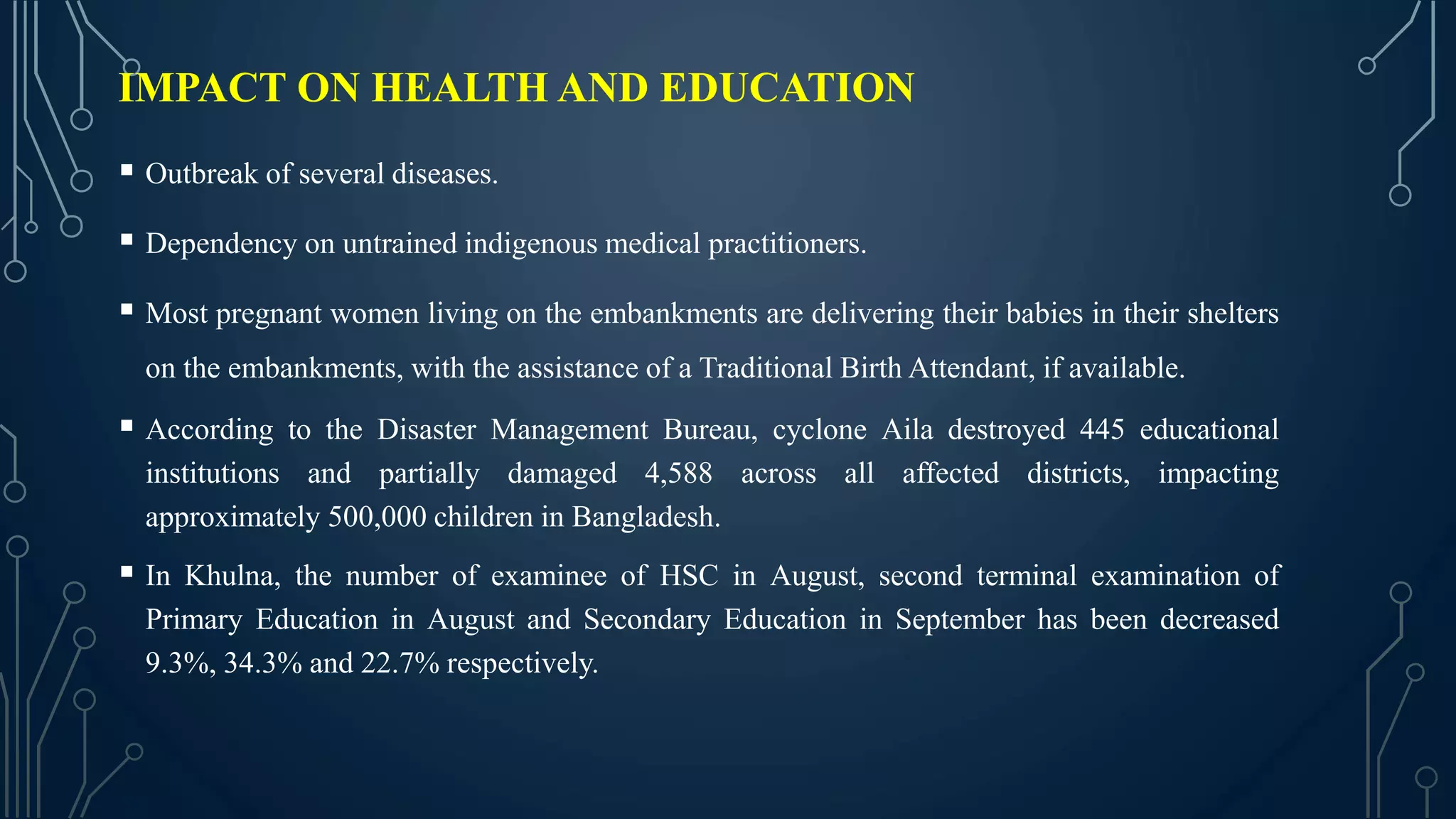 IMPACT ON HEALTH AND EDUCATION
 Outbreak of several diseases.
 Dependency on untrained indigenous medical practitioners.
 Most pregnant women living on the embankments are delivering their babies in their shelters
on the embankments, with the assistance of a Traditional Birth Attendant, if available.
 According to the Disaster Management Bureau, cyclone Aila destroyed 445 educational
institutions and partially damaged 4,588 across all affected districts, impacting
approximately 500,000 children in Bangladesh.
 In Khulna, the number of examinee of HSC in August, second terminal examination of
Primary Education in August and Secondary Education in September has been decreased
9.3%, 34.3% and 22.7% respectively.
 