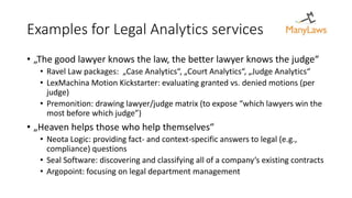 Examples for Legal Analytics services
• „The good lawyer knows the law, the better lawyer knows the judge“
• Ravel Law packages: „Case Analytics“, „Court Analytics“, „Judge Analytics“
• LexMachina Motion Kickstarter: evaluating granted vs. denied motions (per
judge)
• Premonition: drawing lawyer/judge matrix (to expose “which lawyers win the
most before which judge”)
• „Heaven helps those who help themselves“
• Neota Logic: providing fact- and context-specific answers to legal (e.g.,
compliance) questions
• Seal Software: discovering and classifying all of a company‘s existing contracts
• Argopoint: focusing on legal department management
 