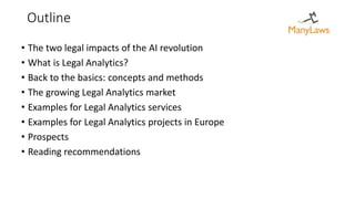 Outline
• The two legal impacts of the AI revolution
• What is Legal Analytics?
• Back to the basics: concepts and methods
• The growing Legal Analytics market
• Examples for Legal Analytics services
• Examples for Legal Analytics projects in Europe
• Prospects
• Reading recommendations
 