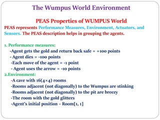 The Wumpus World Environment
PEAS Properties of WUMPUS World
PEAS represents Performance Measures, Environment, Actuators, and
Sensors. The PEAS description helps in grouping the agents.
1. Performance measures:
-Agent gets the gold and return back safe = +100 points
- Agent dies = -100 points
-Each move of the agent = -1 point
- Agent uses the arrow = -10 points
2.Environment:
-A cave with 16(4×4) rooms
-Rooms adjacent (not diagonally) to the Wumpus are stinking
-Rooms adjacent (not diagonally) to the pit are breezy
-The room with the gold glitters
-Agent’s initial position – Room[1, 1]
 