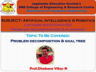 Topic To Be Covered:
Problem decomposition & goal tree
Jagdamba Education Society's
SND College of Engineering & Research Centre
Department of Computer Engineering
SUBJECT: Artificial Intelligence & Robotics
Lecture No-01(Unit-02)
Problem decomposition & planning
Prof.Dhakane Vikas N
 