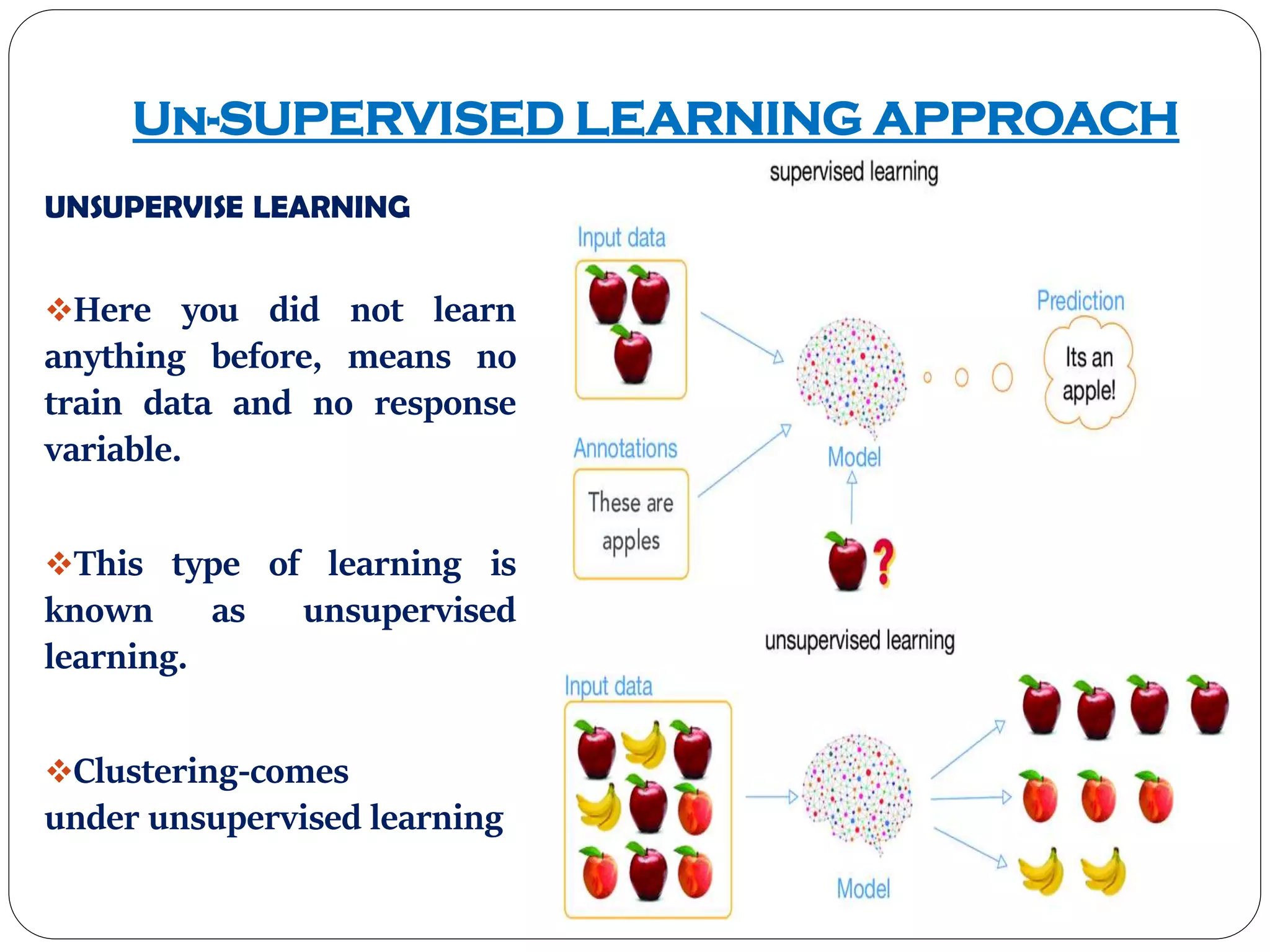 Un-SUPERVISED LEARNING APPROACH
UNSUPERVISE LEARNING
Here you did not learn
anything before, means no
train data and no response
variable.
This type of learning is
known as unsupervised
learning.
Clustering-comes
under unsupervised learning
 
